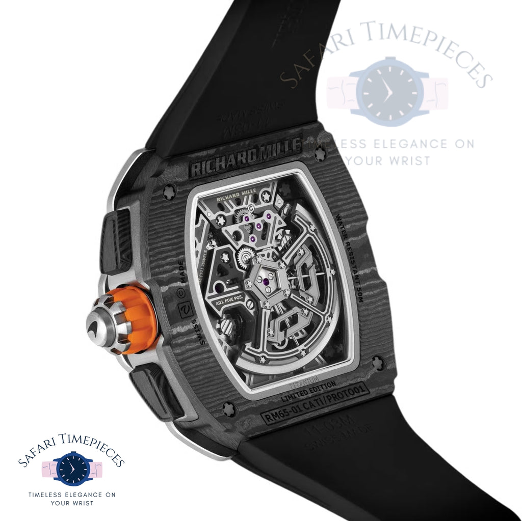 Richard Mille watch with black strap and intricate design on a white background