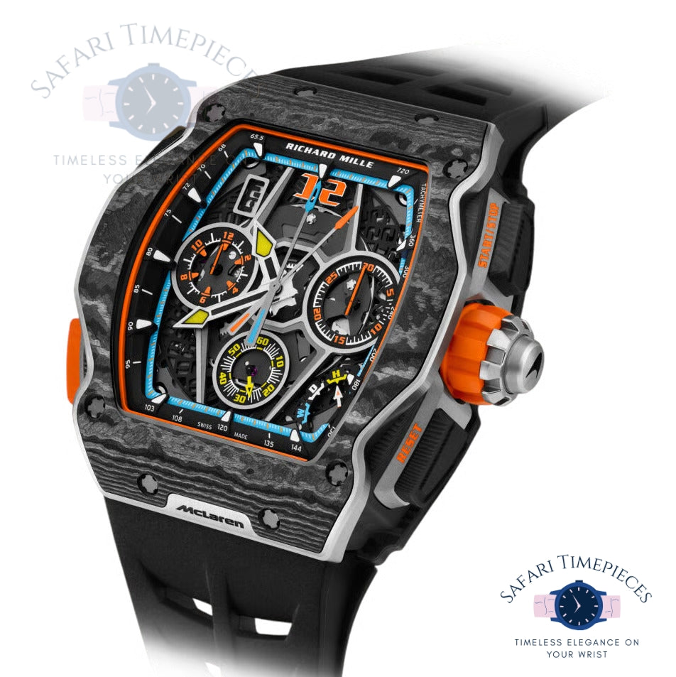Luxury watch with McLaren branding on a white background