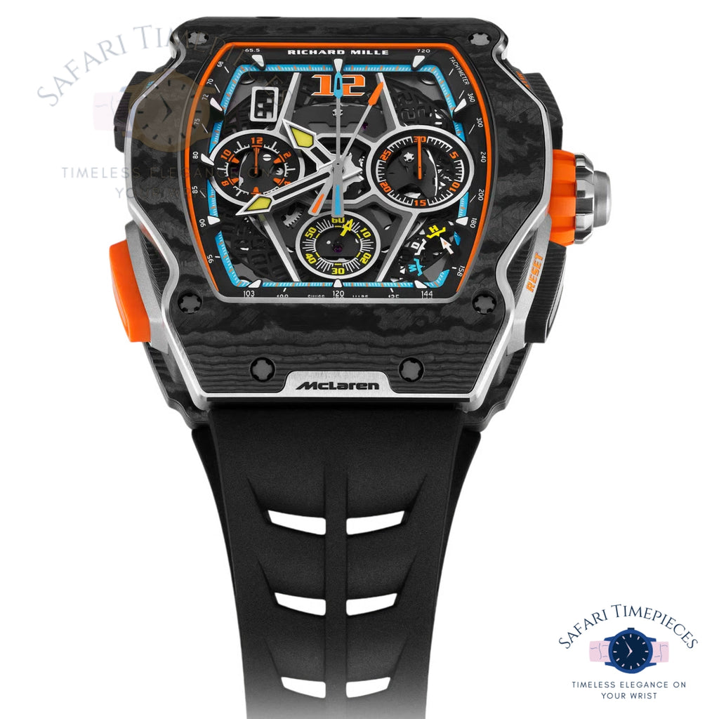 Luxury Richard Mille RM 65-01 Split-seconds Chronograph McLaren W1 watch with McLaren branding on a white background