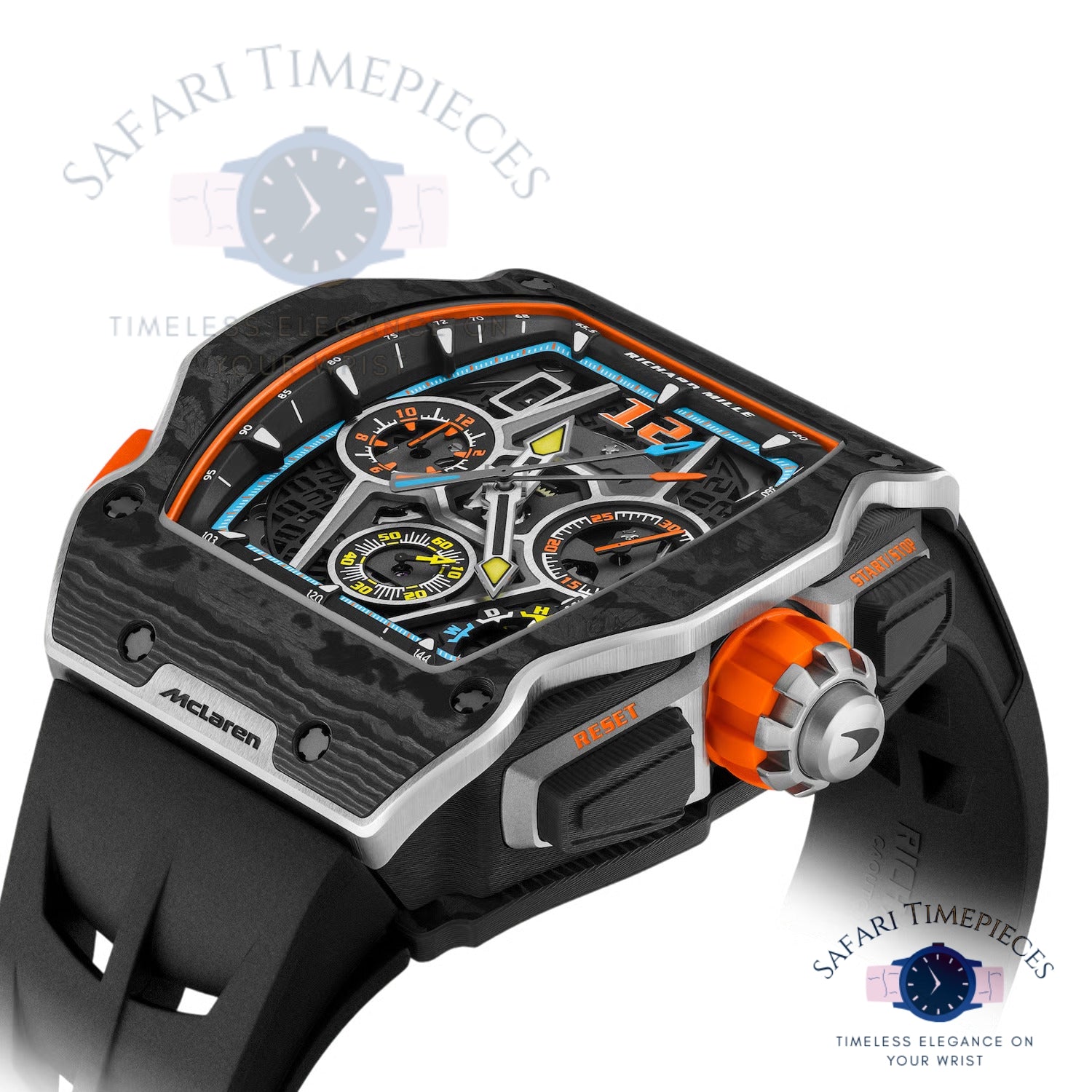Luxury watch with McLaren branding on a white background
